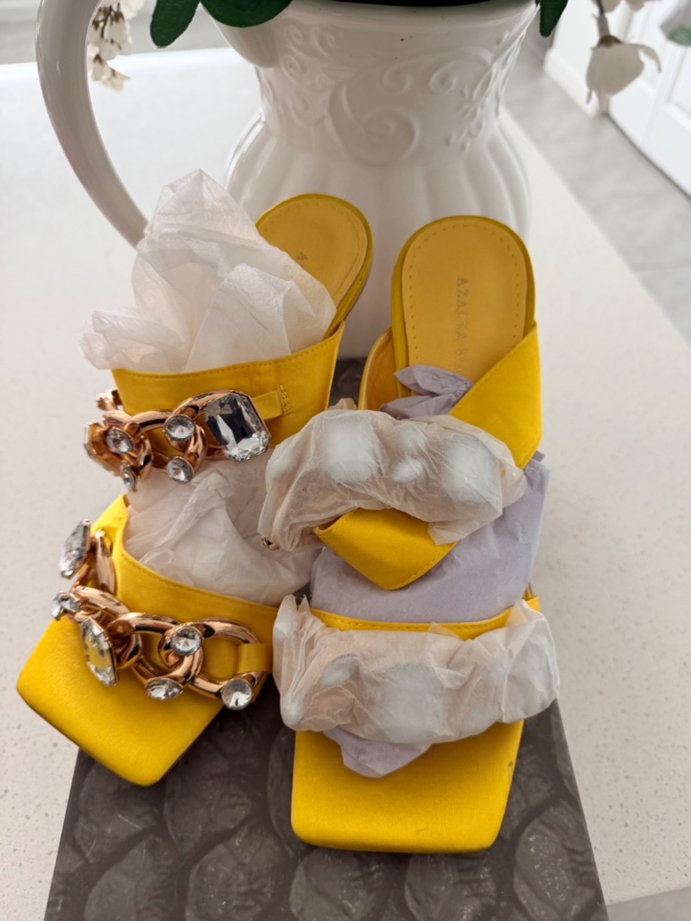 Azalea Wang Statement Heels Gold Crystal Chain Square Toe Heels